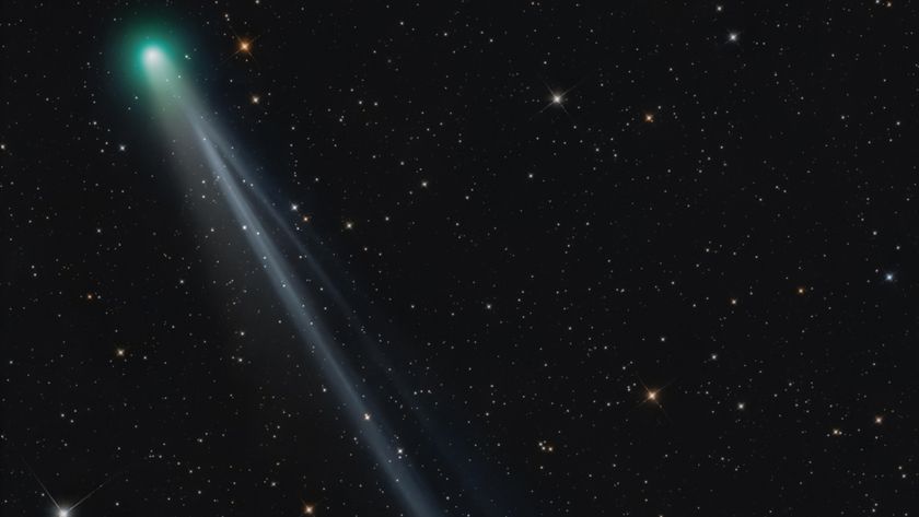 The bright green light of comet Lemmon shines at the top left corner of a space image with its bright streak of a tail behind it moving diagonally to the lower right of the image