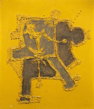 Pictured is Concetto spaziale, a painting with yellow background and grey shapes.