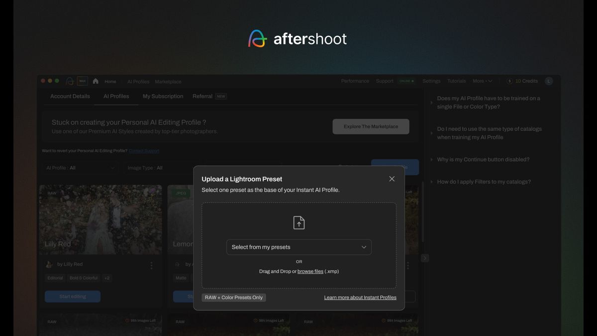 Aftershoot screenshot showing how to create an Instant AI Profile