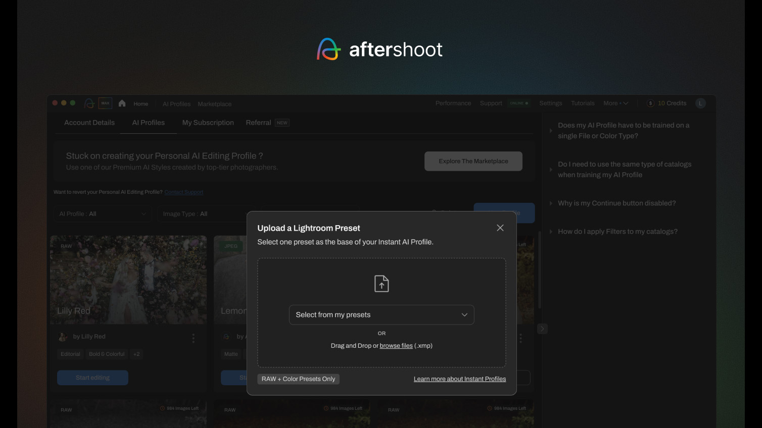 Aftershoot screenshot showing how to create an Instant AI Profile