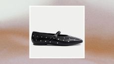 M&S studded black ballet flats on a soft purpley background