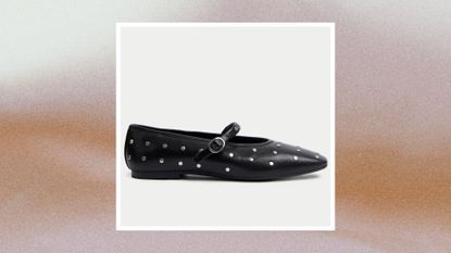 M&amp;S studded black ballet flats on a soft purpley background