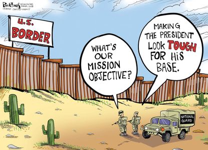 Political cartoon U.S. Trump border wall US military patrol