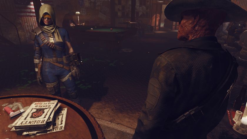 The protagonist from Fallout 76 speaking to Walton Goggins character The Ghoul in a bar, while a stack of bounty posters sits on the table