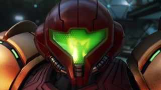 Metroid Prime 4: Beyond screenshot showing Samus' returning Power Armor in detail. A mysterious figure is reflected in her visor