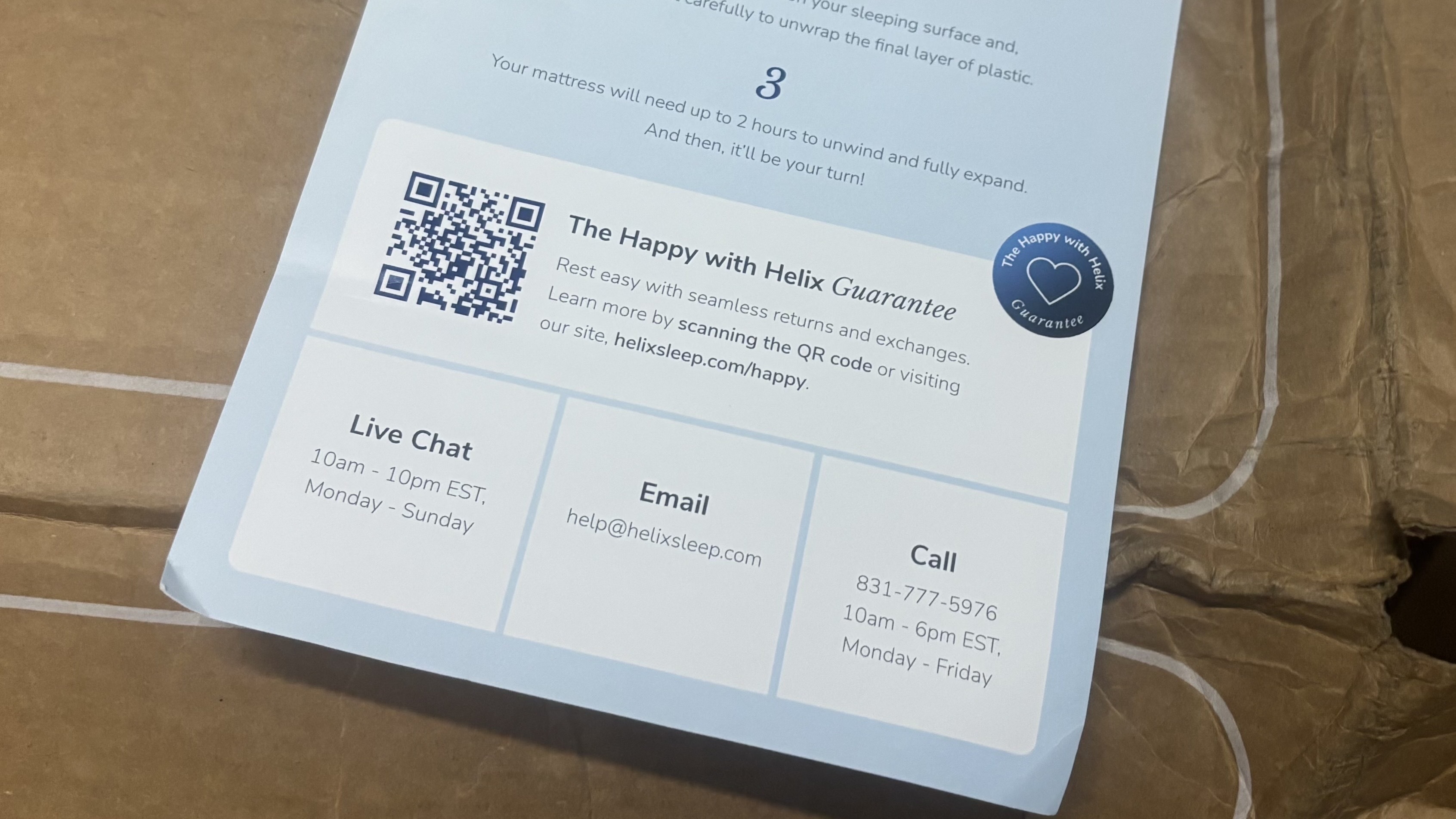 Helix's pamphlet with information on how to return its mattresses.