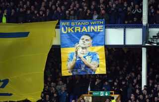 A banner in support of Everton’s Vitalii Mykolenko and Ukraine at Goodison Park (Peter Byrne/PA).