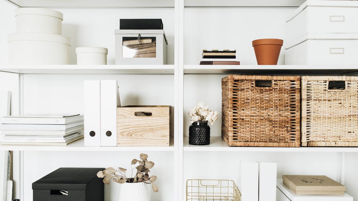 Storage boxes on shelf