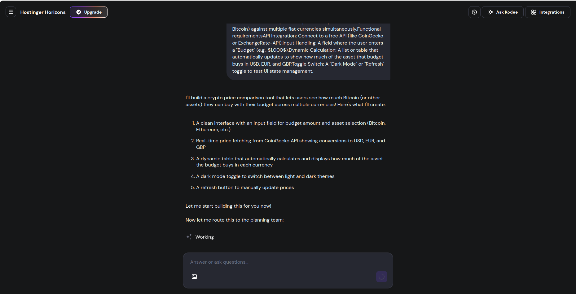 No-code prompt generation commences in Hostinger Horizons.