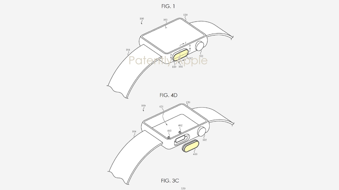 Diagrams from an Apple Watch patent showing a fingerprint sensor