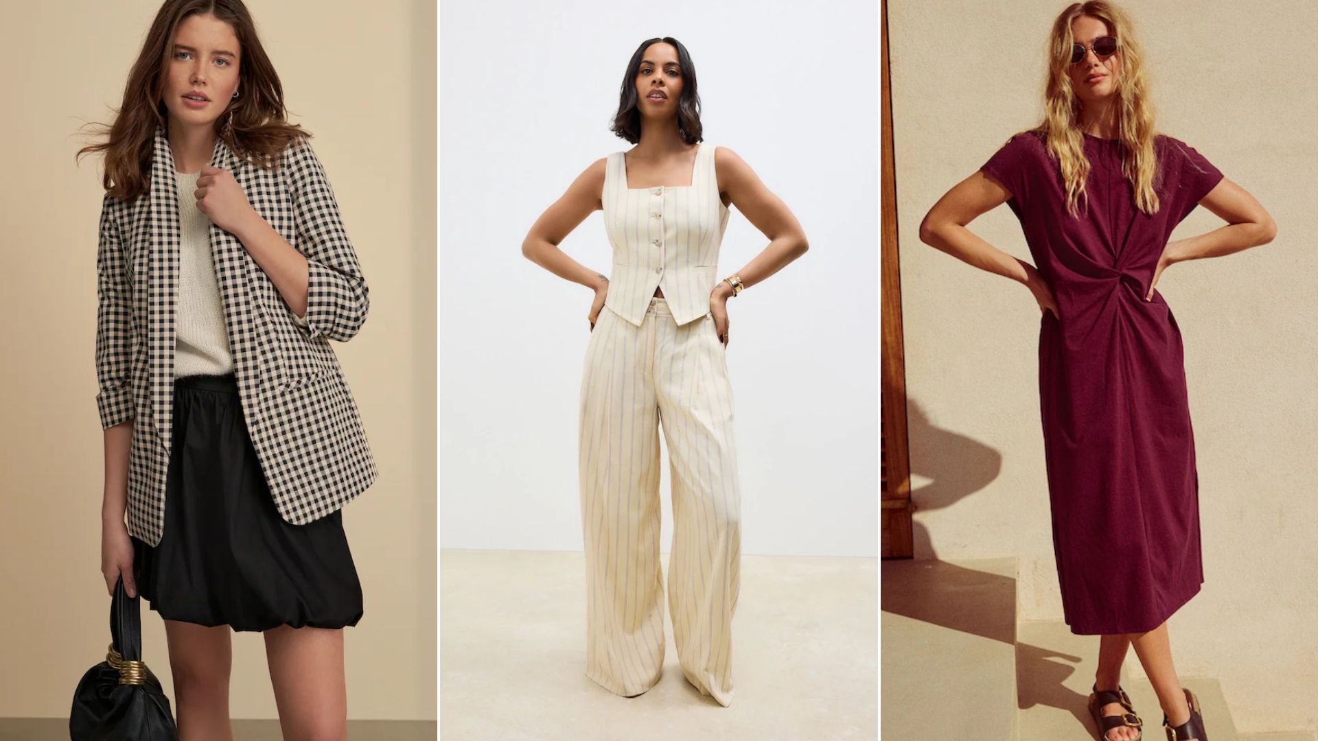 Three models wearing different outfits from Next