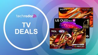 LG, TCL and Sony TVs on a pink/blue gradient background with "TV deals" text in white.
