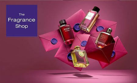 the fragrance shop logo top left with perfumes and love letters