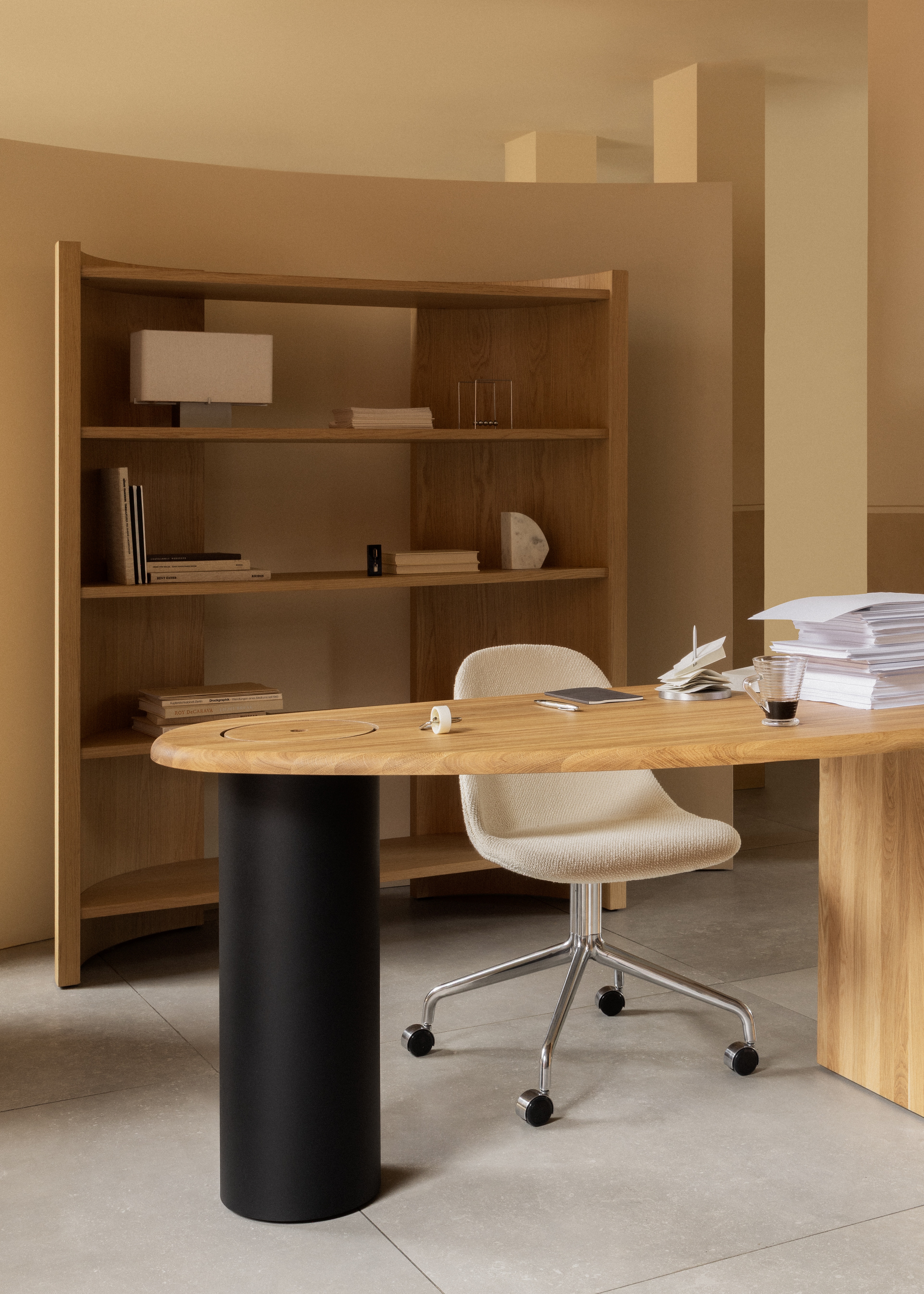 freestanding shelving unit in oak in a neutral interior