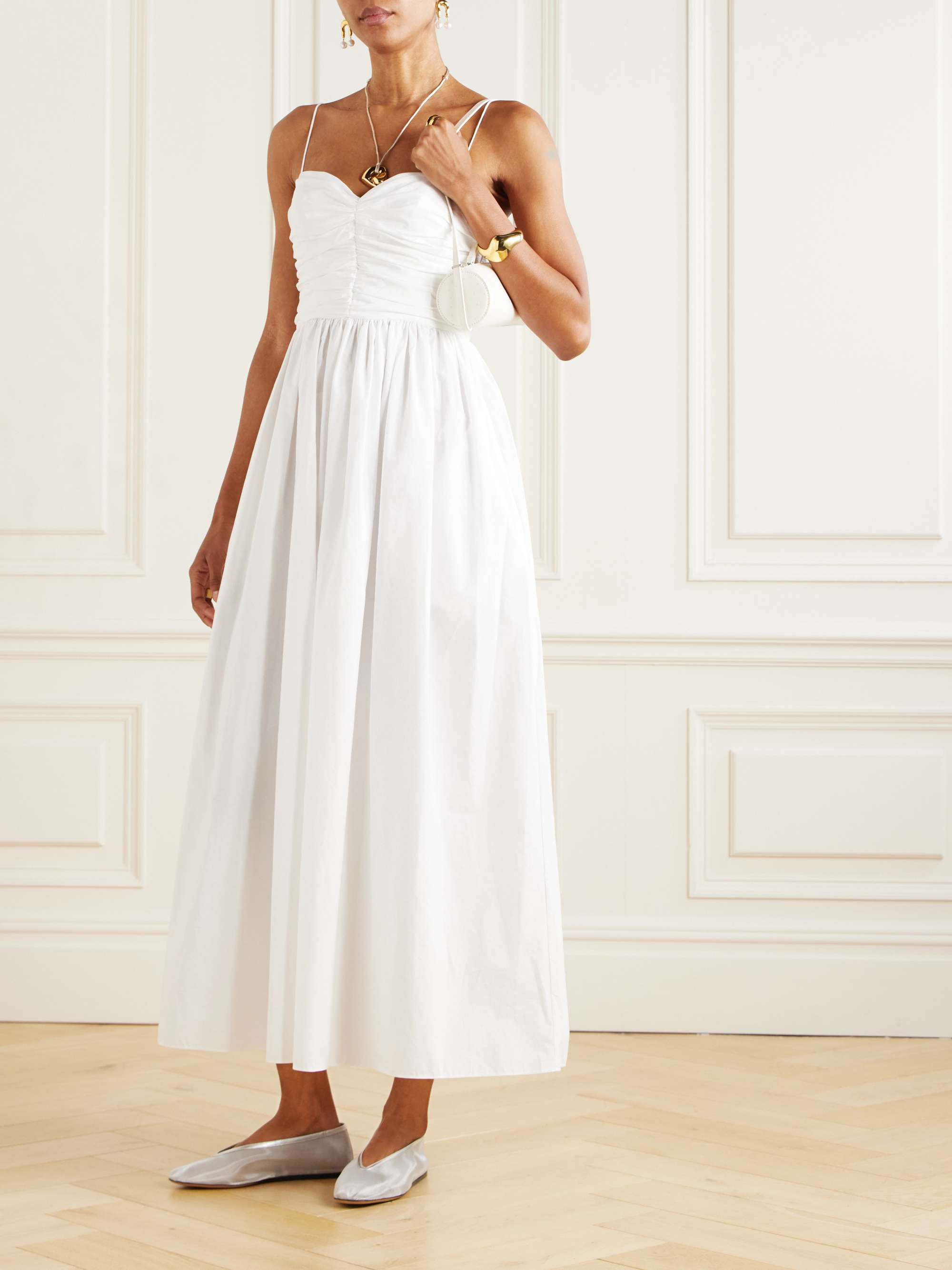 Gathered Organic Cotton-Poplin Midi Dress
