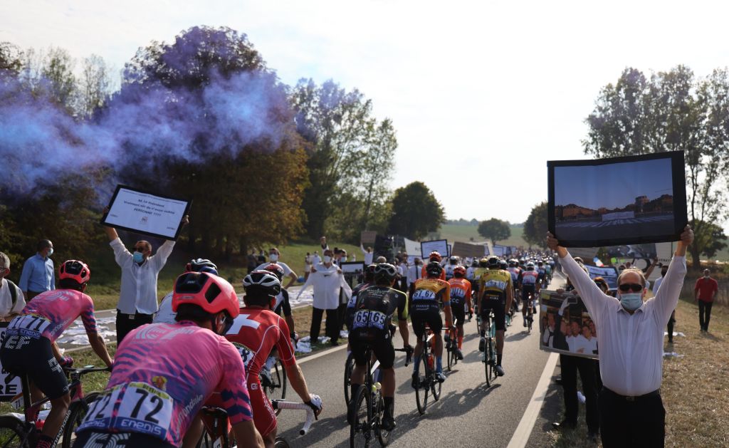 Catering freelancers stage a protest during the 21st and last stage of the 107th edition of the Tour de France cycling race 122 km between ManteslaJolie and Champs Elysees Paris on September 20 2020 Photo by Kenzo Tribouillard AFP Photo by KENZO TRIBOUILLARDAFP via Getty Images