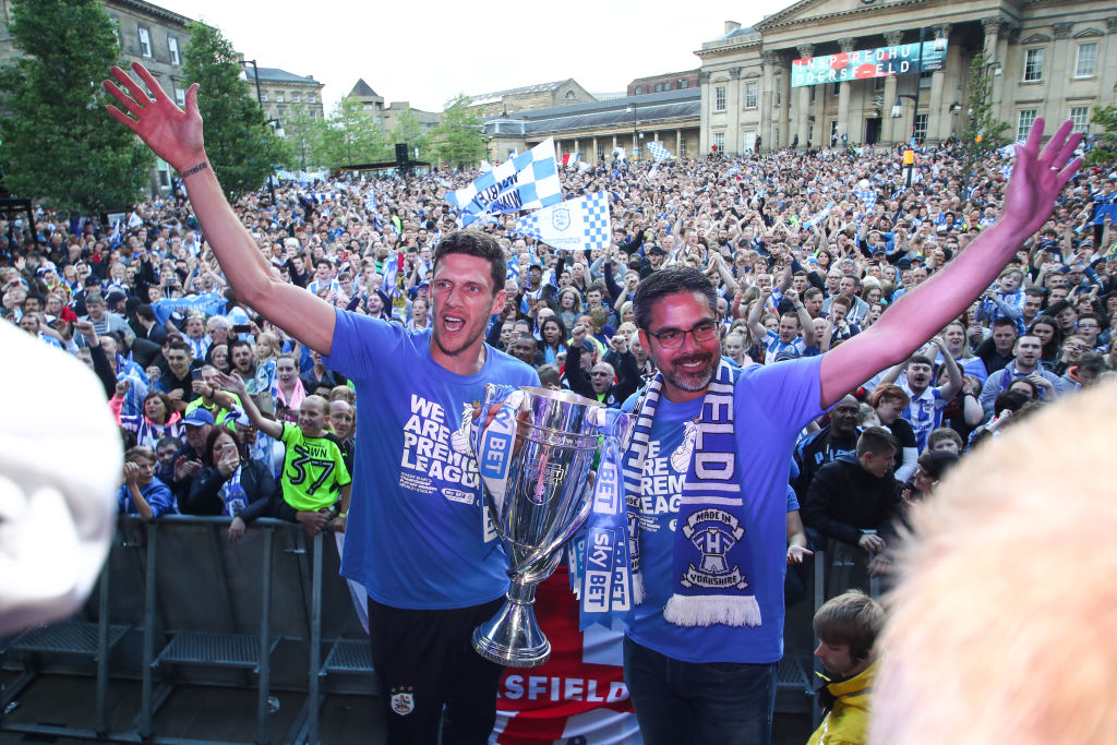 Mark Hudson and David Wagner celebrate Huddersfield's promotion to the Premier League in 2017