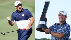 Patrick Reed fist pumps at the Ryder Cup and holds a LIV Golf trophy in Dallas