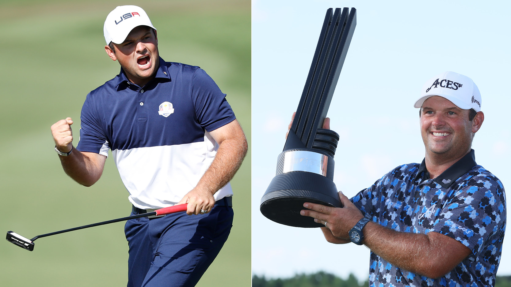 Patrick Reed fist pumps at the Ryder Cup and holds a LIV Golf trophy in Dallas