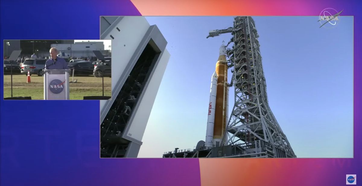 NASA Administrator Bill Nelson speaks at the Artemis 1 rollout at the agency's Kennedy Space Center in Florida on March 17, 2022.
