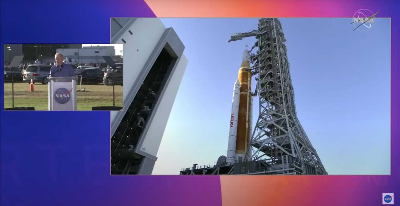 NASA Administrator Bill Nelson speaks at the Artemis 1 rollout at the agency's Kennedy Space Center in Florida on March 17, 2022.
