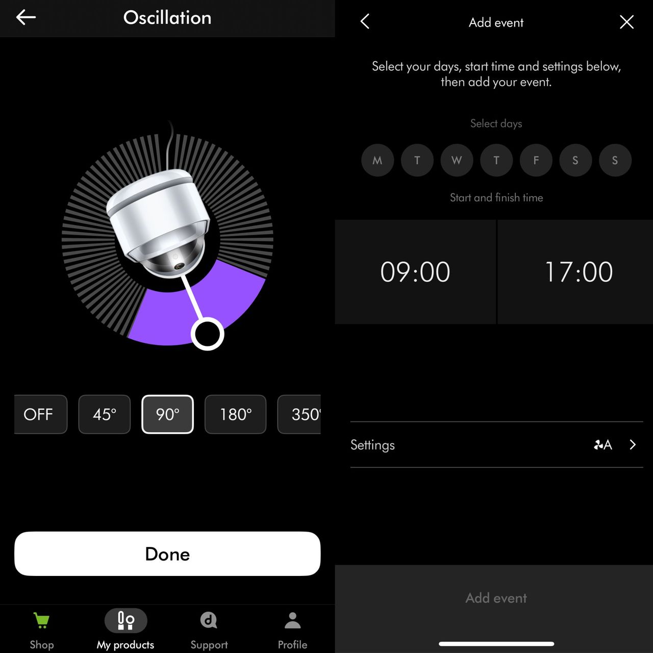 Screenshots of the MyDyson app, showing oscillation settings and scheduling options