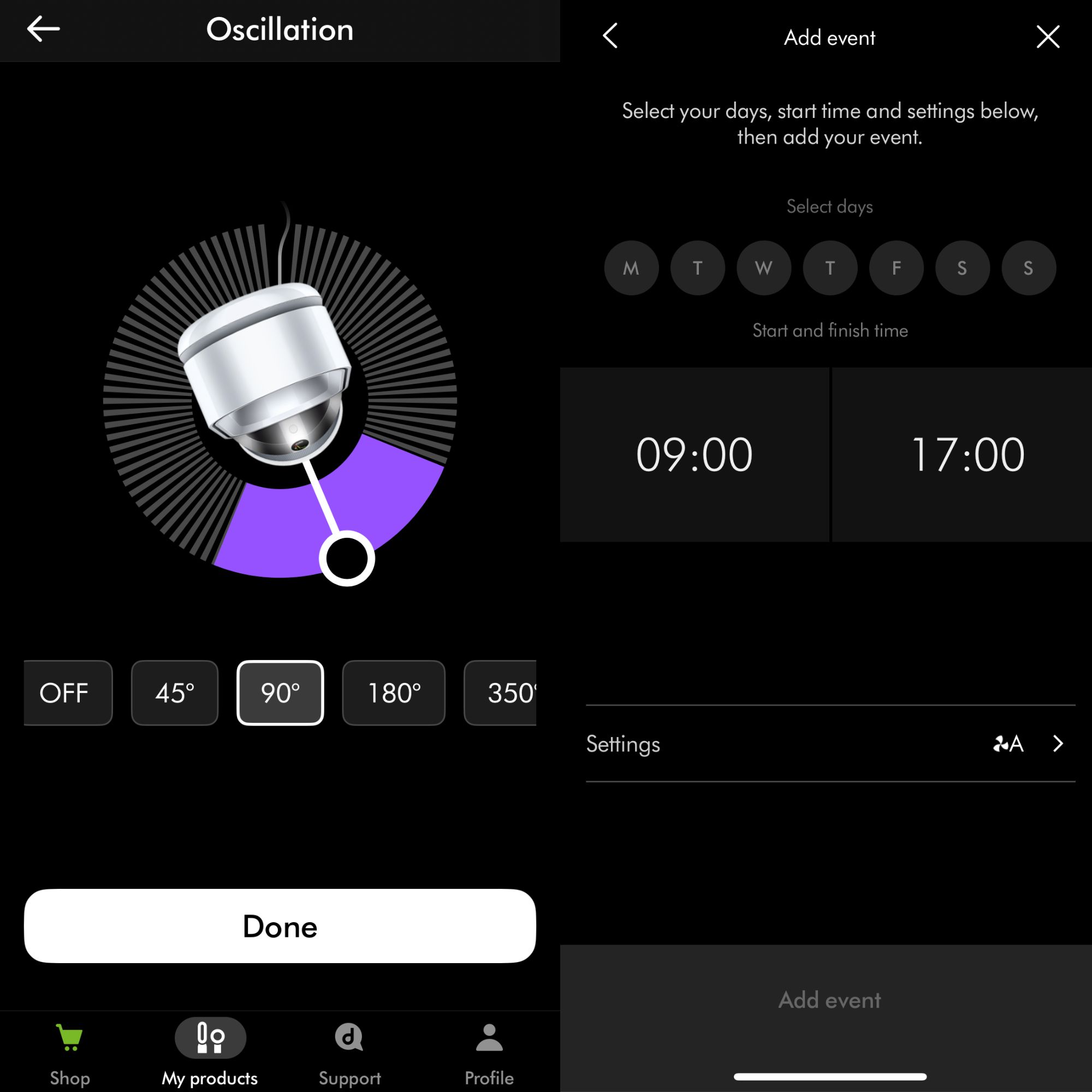Screenshots of the MyDyson app, showing oscillation settings and scheduling options