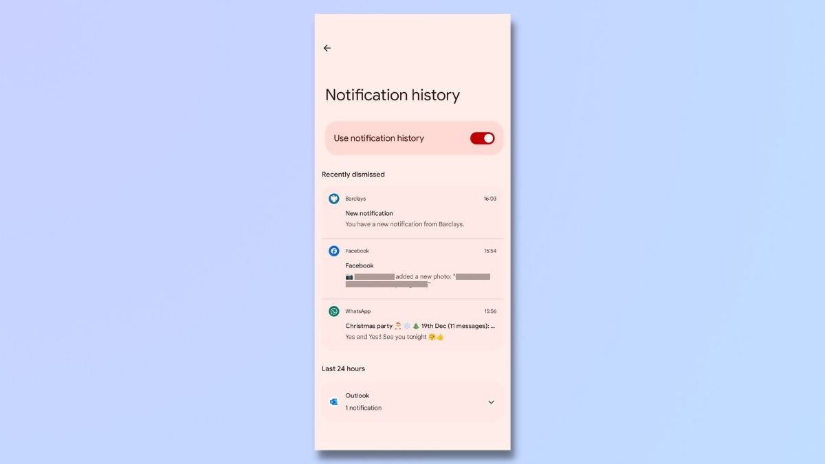 снимок экрана, показывающий, как включить и получить доступ к истории уведомлений на Android: проверьте историю уведомлений 