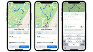 The Apple Maps app in iOS 18 running on three iPhones.