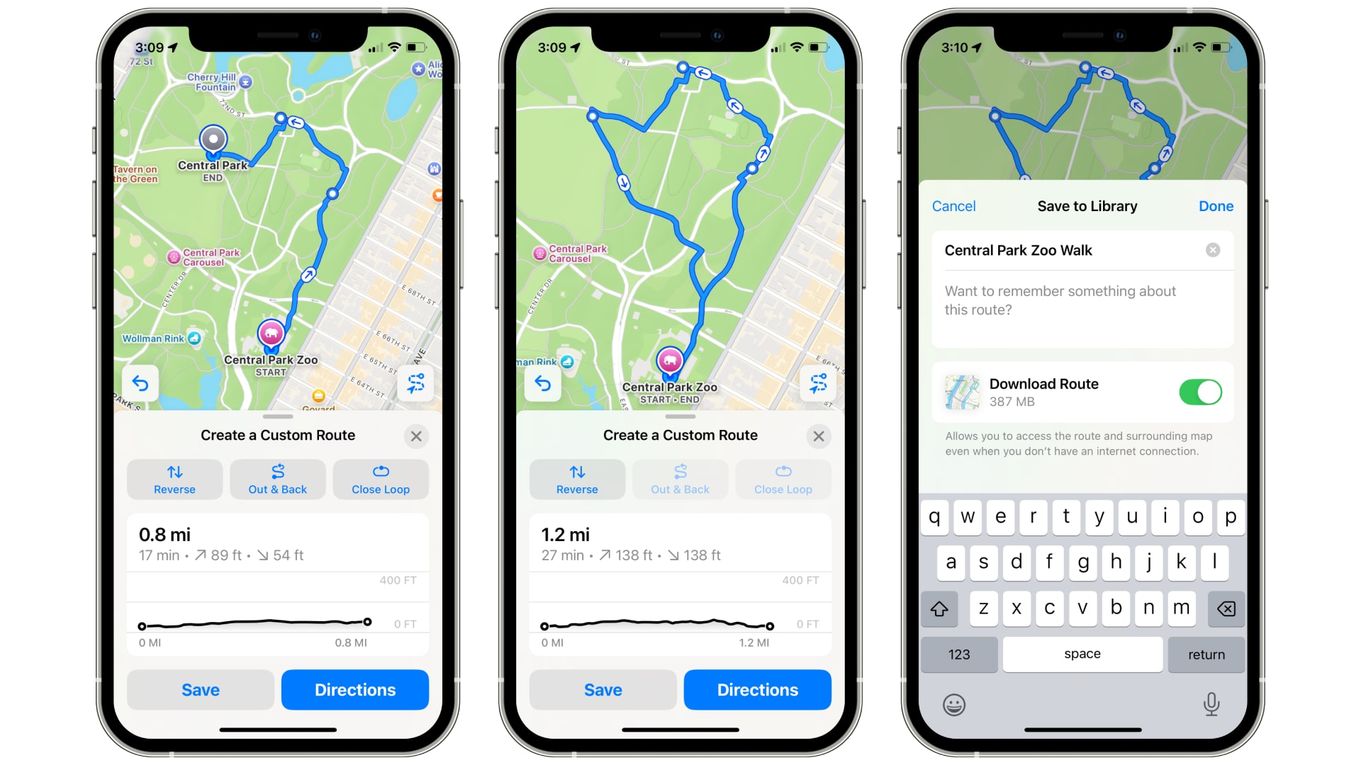 The Apple Maps app in iOS 18 running on three iPhones.