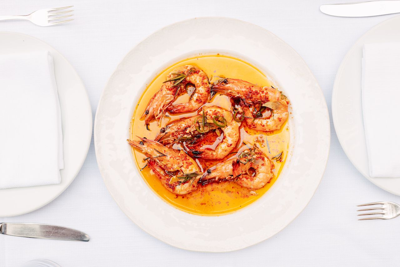 prawn dish on white plate