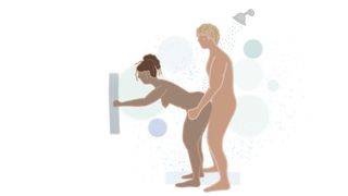 Illustration of the bend and splash shower sex position with woman bent over in front of man, shower head above
