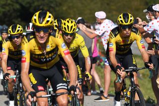 LA ROCHESURFORON FRANCE SEPTEMBER 17 Tom Dumoulin of The Netherlands and Team Jumbo Visma Primoz Roglic of Slovenia and Team Jumbo Visma Yellow Leader Jersey Wout Van Aert of Belgium and Team Jumbo Visma during the 107th Tour de France 2020 Stage 18 a 175km stage from Mribel to La Roche sur Foron 543m TDF2020 LeTour on September 17 2020 in La RochesurForon France Photo by Tim de WaeleGetty Images