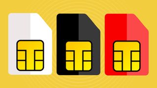 Red, white, and black SIM cards on yellow background