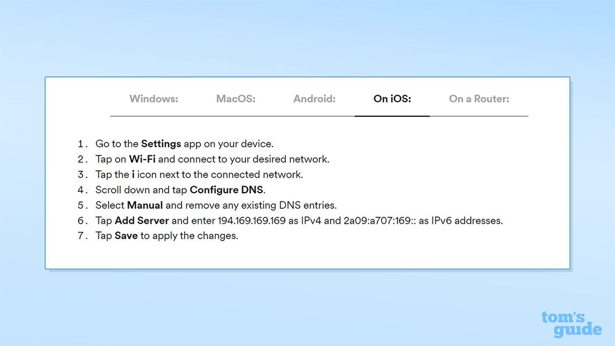 Screenshot from Surfshark's website detailing how to access Surfshark DNS on iOS