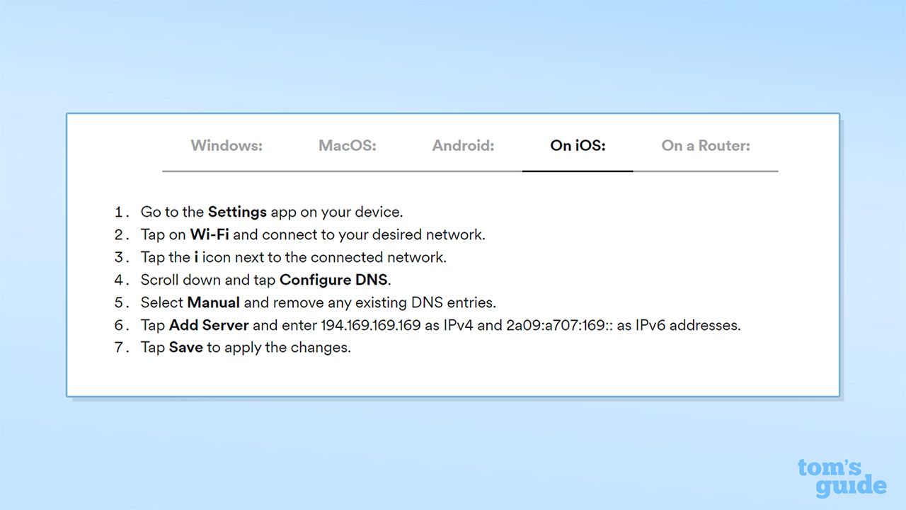 Screenshot from Surfshark's website detailing how to access Surfshark DNS on iOS