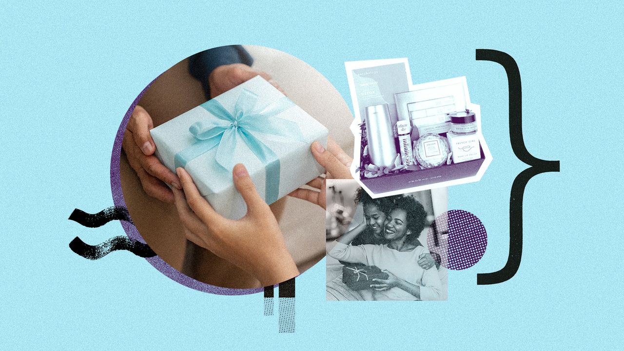 Photo collage of a close-up view of a woman&#039;s hands, giving a wrapped present to an older woman. To the side, there is a gift basket of various skincare and bath products, and below it a smaller inset picture of a mother an daughter on a couch, hugging. The mother is holding a gift as well.