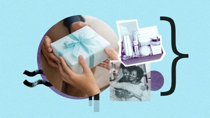 Photo collage of a close-up view of a woman's hands, giving a wrapped present to an older woman. To the side, there is a gift basket of various skincare and bath products, and below it a smaller inset picture of a mother an daughter on a couch, hugging. The mother is holding a gift as well.