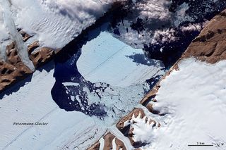 Large iceberg drifts away from Petermann Glacier ice shelf in Greenland.
