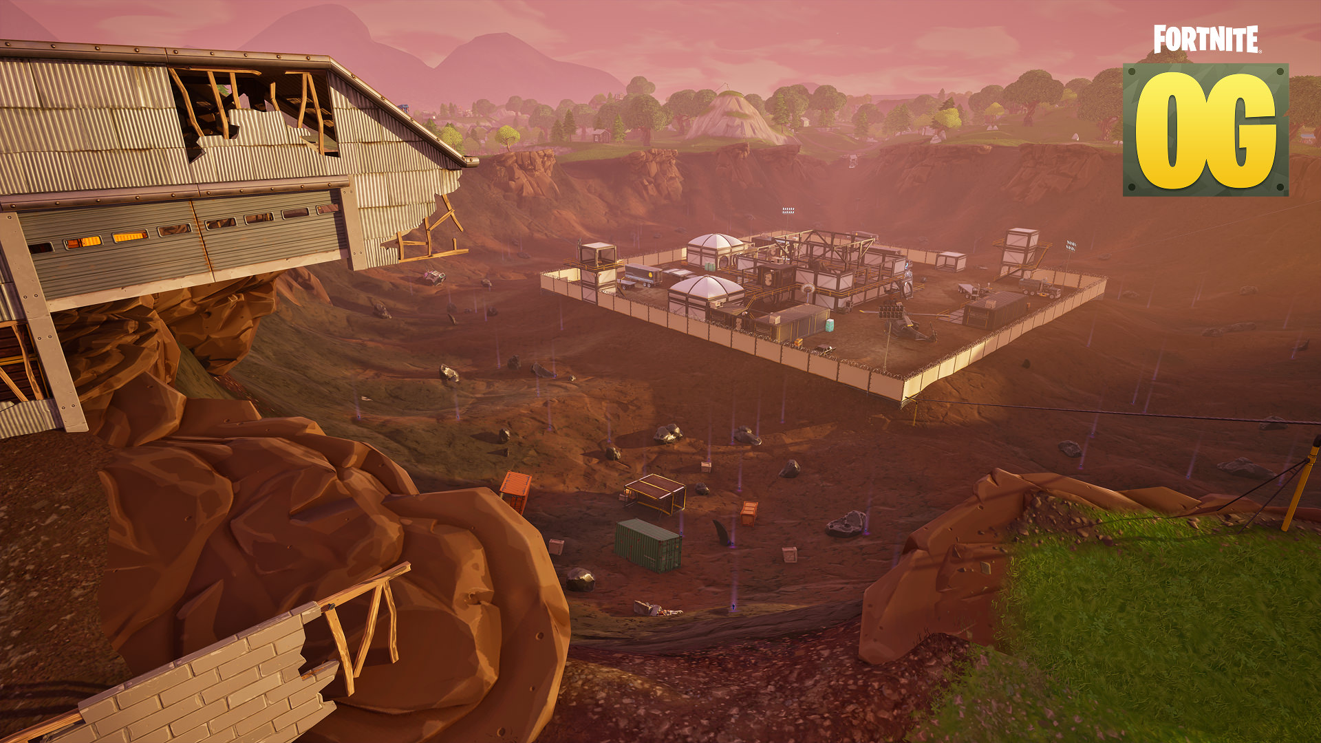 A square base headquarters at the bottom of a crater