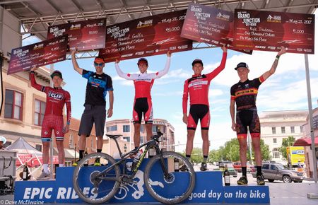 Men’s Podium (L to R) Ben Sonntag (Clif) 4th, Geoff Kabush (Scott Maxxis) 2nd, Howard Grotts (Specialized) 1st, Russell Finsterwald (SRAM TLD) 3rd Kyle Trudeau (Construction Zone) 5th