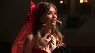 Gabby Windey in red dress in church during The Traitors Season 3