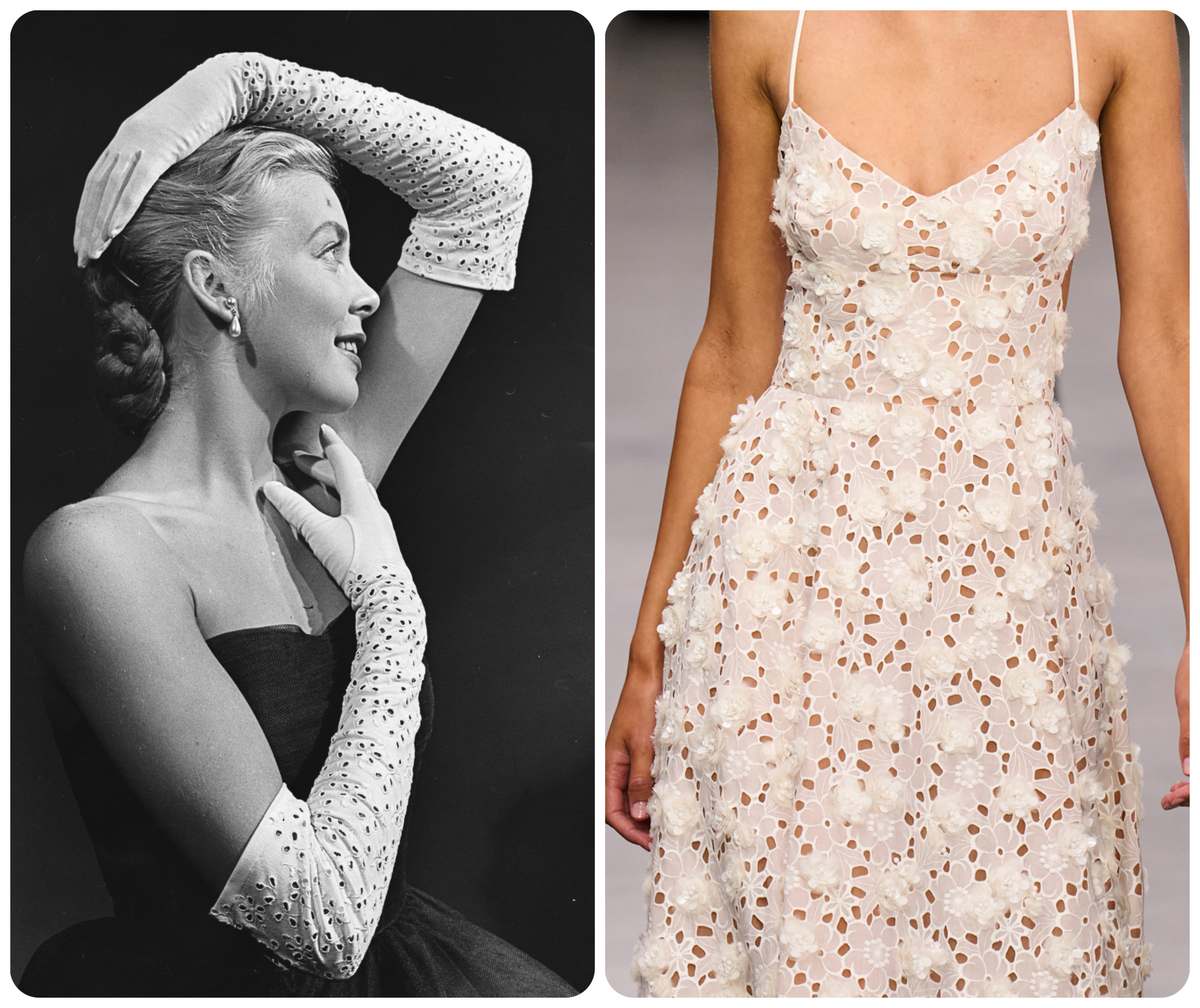 Model Jean Holland wears a deep blue evening gown accessorized with white, broderie anglaise gloves from the White House, Bond Street. London, July 1952 with a borderie anglaise from Michael Kors Spring 2025