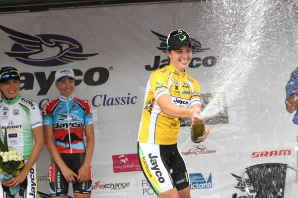 Melissa Hoskins (GreenEDGE) in the leader's yellow jersey