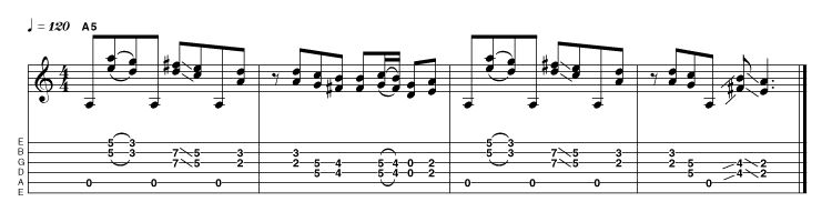 We've taken a few liberties here, as strictly speaking numerous notes are out of position. This is to maintain fingering integrity, and it sounds cool. Most of the intervals are a perfect 4th apart, with two major 3rd exceptions in the first and third bars.