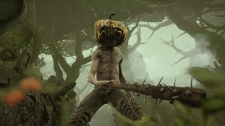 An image of a character from the game Mortal Shell, shirtless with a spiked club, wearing a pumpkin on their head.