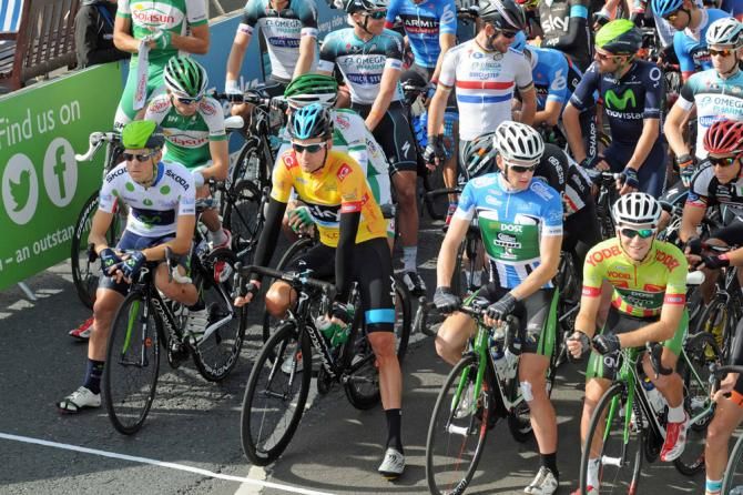 The Tour of Britain jersey holders line up at the front of the peloton at the start of stage 6