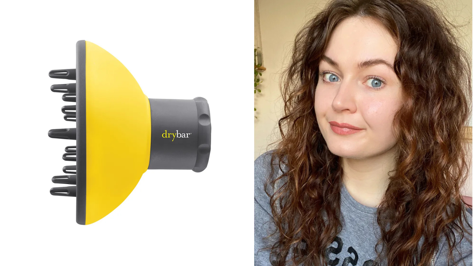 Collage of images showing the Drybar Bouncer diffuser (left) and Lucy&#039;s hair after using (right)