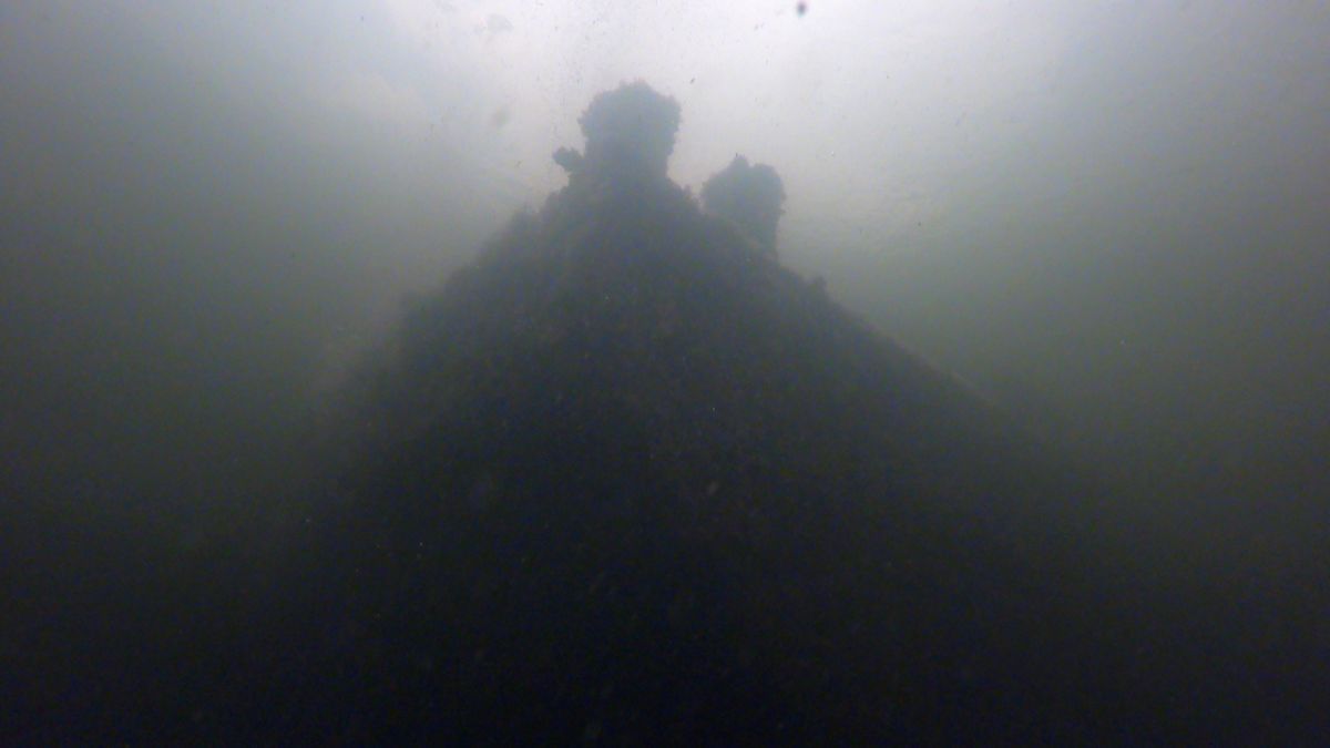 Foto submarina turbia que muestra una estructura sombría que se eleva casi hasta la superficie.