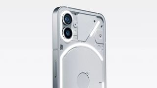 A press shot of the white Nothing Phone 1, showing the LED lights and camera on the smartphone.